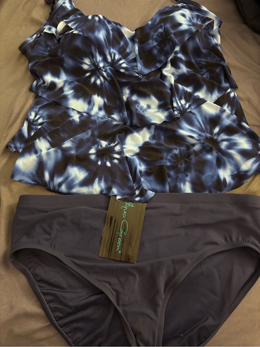 Aqua Green Navy & White Tie-Dye Ruffle Tankini with Solid Brief